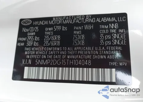 2026 Hyundai Santa Fe Hybrid Sel z USA, uszkodzony, nr VIN 5NMP2DG15TH104048